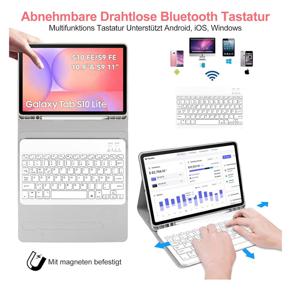 Чохол з клавіатурою Lachesis для Samsung Galaxy Tab S10 Lite S10 FE S9 FE S9 10.9 11 сірий білий Bluetooth QWERTZ Київ - фото 8