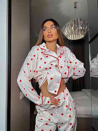Женская пижама двойка с сердечками из шелка армани Белый, 52/54 Одесса