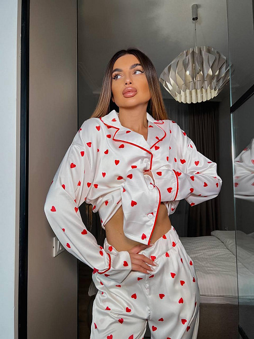 Женская пижама двойка с сердечками из шелка армани Белый, 52/54 Одесса - изображение 5