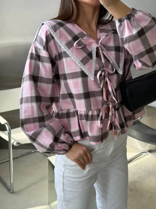 Стильна жіноча картата сорочка з мереживом Одеса - фото 11