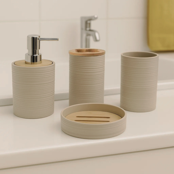 Набор аксессуаров 4в1 для ванной и душа, мыльница,дозатор для мыла, стаканы,пластик,бежевый Каменец-Подольский