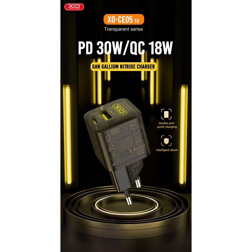 Мережевий зарядний пристрій XO CE05 Gan PD30W+QC3.0 18W+ Lighting кабель коричневий Львів - фото 5