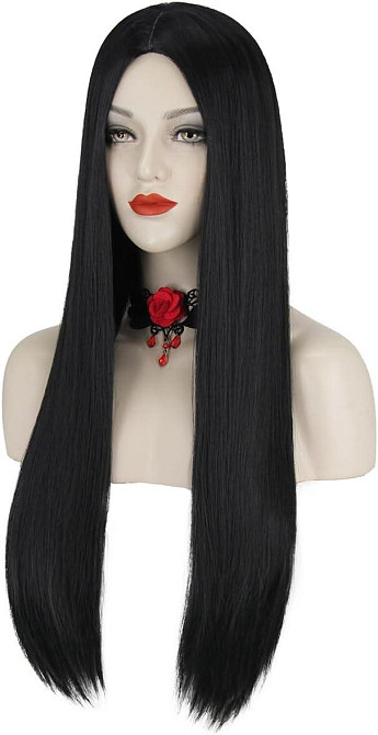 Довга жіноча чорна пряма перука у стилі Мортіши Аддамс для Геловіну, вечірок, косплею, термостійка, синтетичне волосся Київ - фото 3