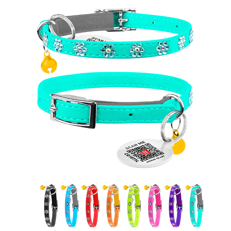 Нашийник WAUCAT Glamour з резинкою, клейовими стразами "Квітка" для котів (ширина 9мм, довжина Коломыя - изображение 1