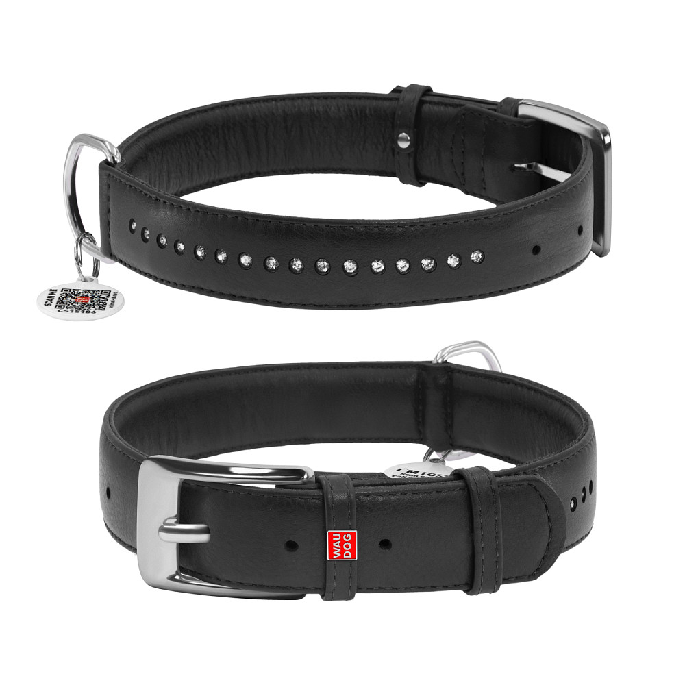 Нашийник для собак шкіряний WAUDOG Glamour з QR паспортом, подвійний зі стразами, L, Ш 25 мм, Д Коломыя - изображение 3