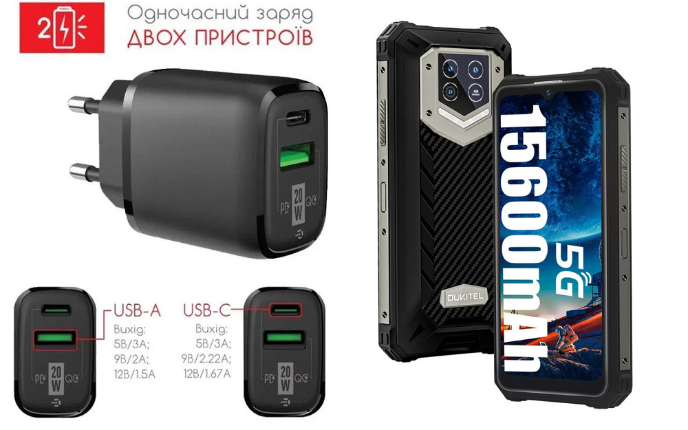 Мережевий зарядний пристрій для Oukitel WP15, WP15 5G, WP15S, 20W 3A, Quick Charge 3.0 Київ - фото 1