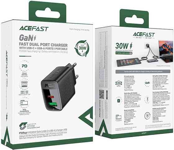 Зарядний пристрій 2xUSB 30W (USB-C+USB-A) Gan A98 Black Acefast Винница