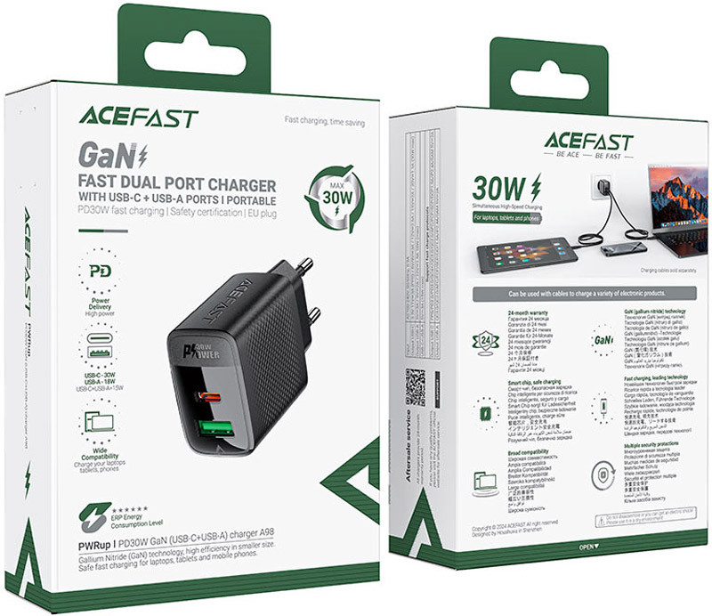 Зарядний пристрій 2xUSB 30W (USB-C+USB-A) Gan A98 Black Acefast Винница - изображение 5