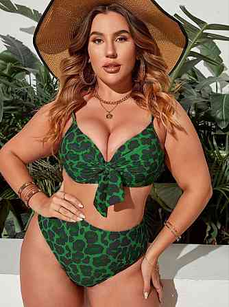 Женский раздельный купальник бикини Plus Size с высокими плавками зеленый леопардовый 4XL Киев