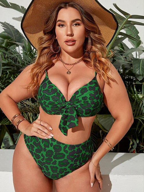 Жіночий роздільний купальник бікіні Plus Size з високими плавками зелений леопардовий 4XL Київ - фото 1
