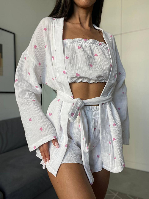 Женский нежный домашний костюм тройка: халат топ и шорты с сердечками муслин 100% хлопок Одесса - изображение 8