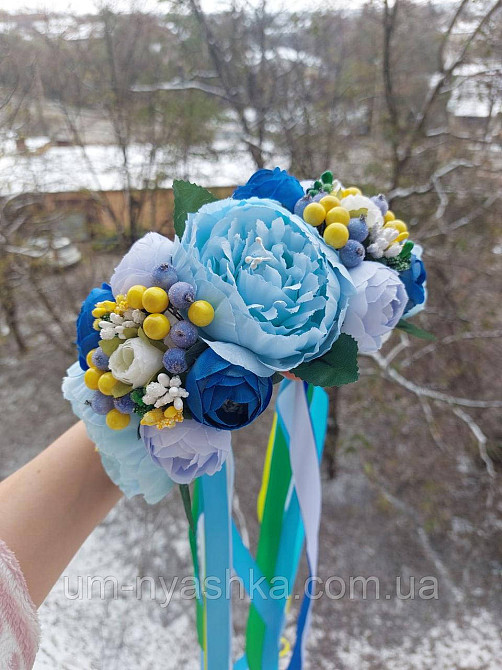 Ободок обруч з квітами "Піони великий синьо-блакитно-жовтий" Кривий Ріг - фото 4