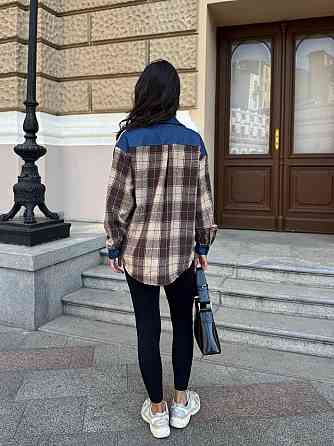 Женская стильная рубашка в клетку с джинсовыми вставками турецкая байка Коричневый, 42/44 Одесса