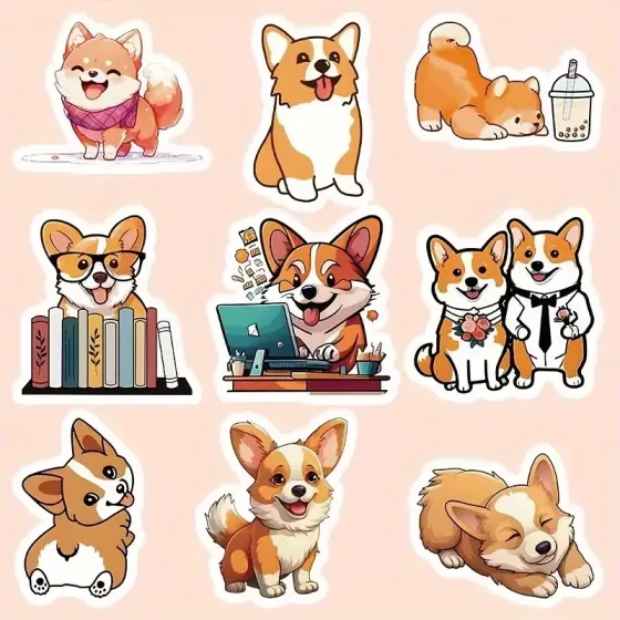 Набор наклеек «Корги» – 50 шт. виниловые водостойкие стикеры с милыми собачками Киев