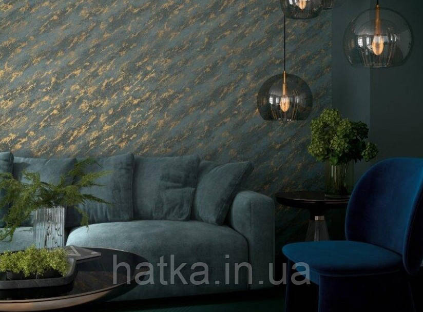 Шпалери вінілові на флізеліні Marburg Lava метрові під штукатурку темно-бірюзові із золотом Київ - фото 2