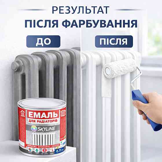 Акрилова емаль для радіаторів і труб опалення SkyLine, глянцева, термостійка, без запаху, біла, 750 мл Харків