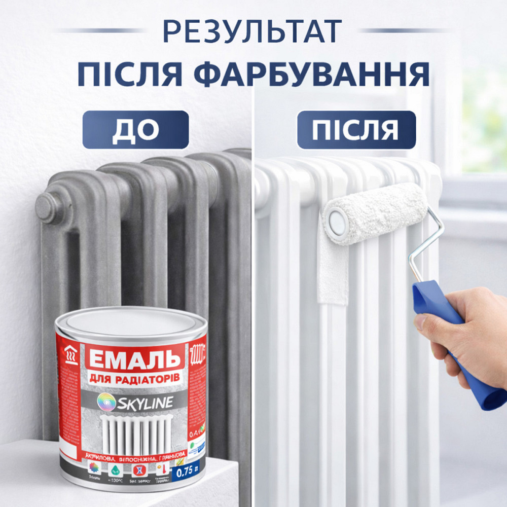 Акрилова емаль для радіаторів і труб опалення SkyLine, глянцева, термостійка, без запаху, біла, 750 мл Харків - фото 4
