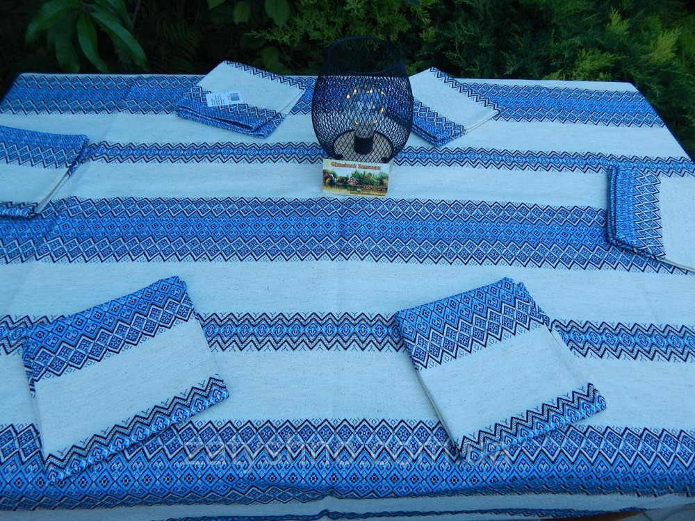 Блакитна скатертина з сетами на льону Київ - фото 3