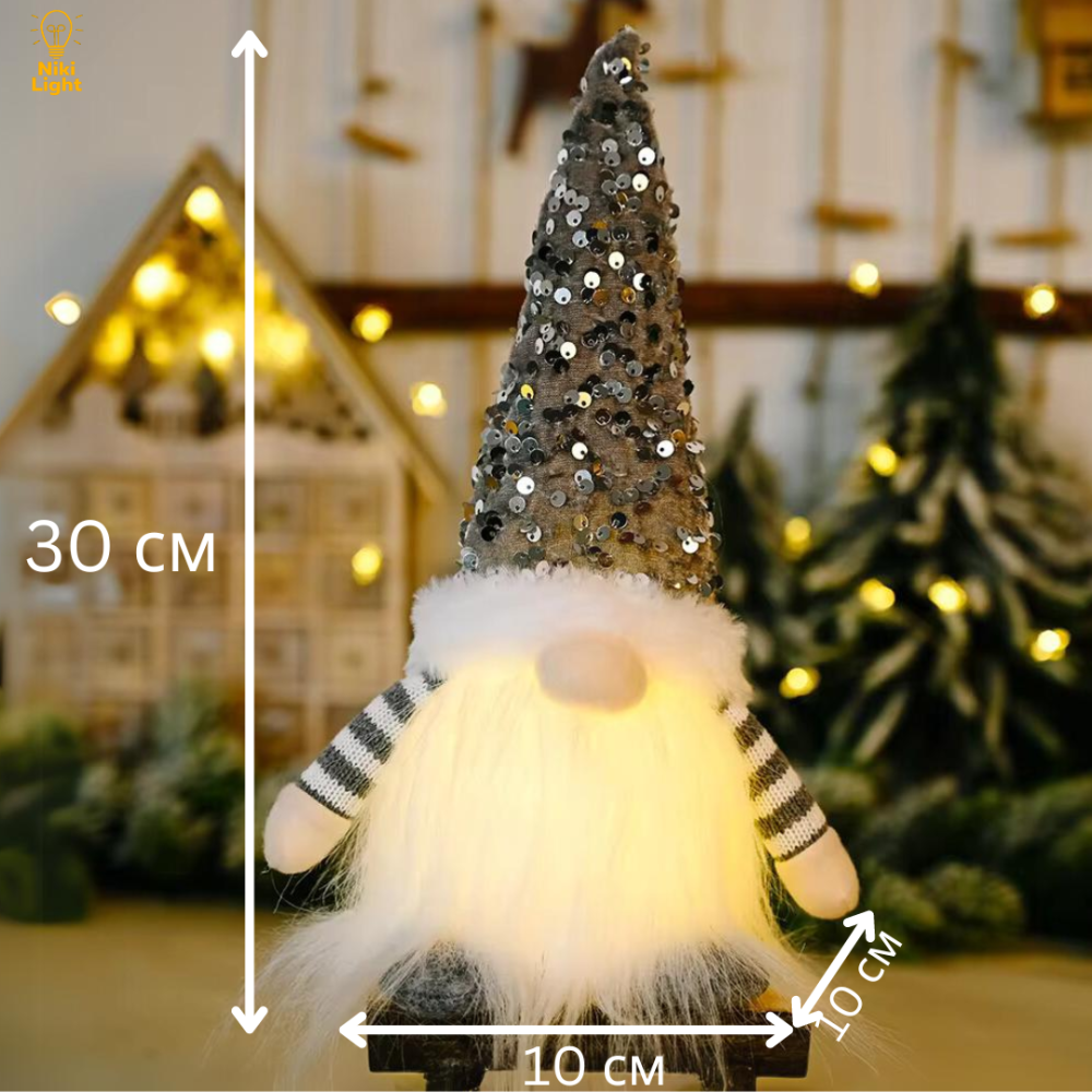 Новогодний гном с подсветкой новогодняя фигурка гном под елку 30см светильник на батарейках гном серый Киев - изображение 4