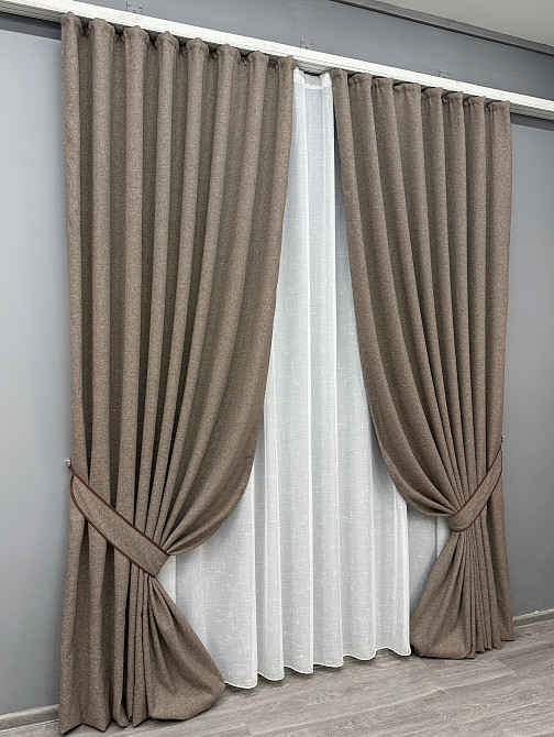 Комплект штор VR-Textil льон преміум ELEMENTA 100х270 2шт і Тюль 400х270 1864ш-115т сіро-коричневий з білим 71-070/2 Київ - фото 2