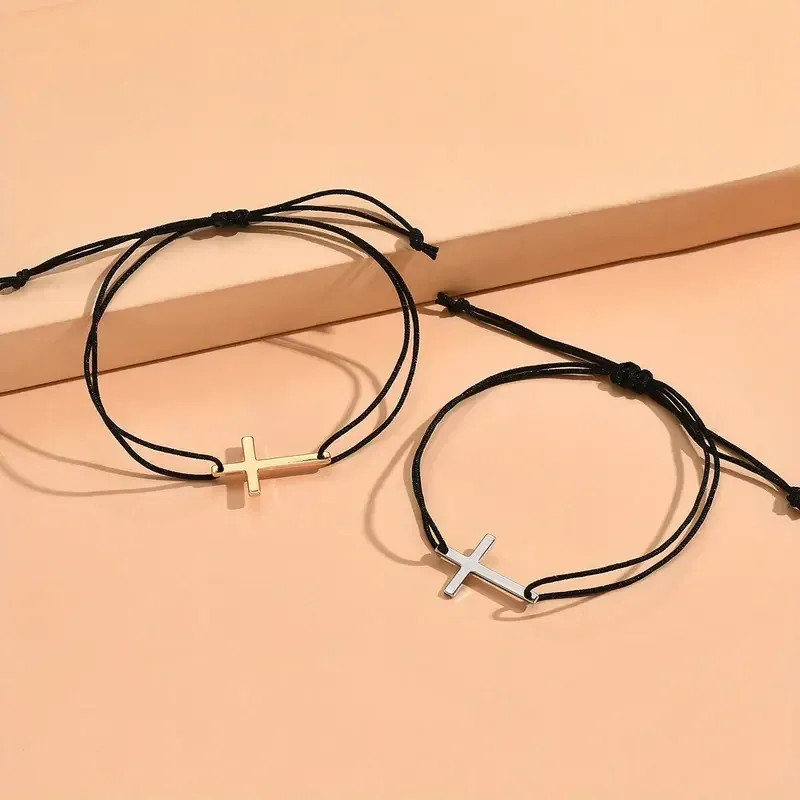 Парні браслети з хрестиком (2 шт) на чорній мотузці — мідь, золотистий та сріблястий Київ - фото 4