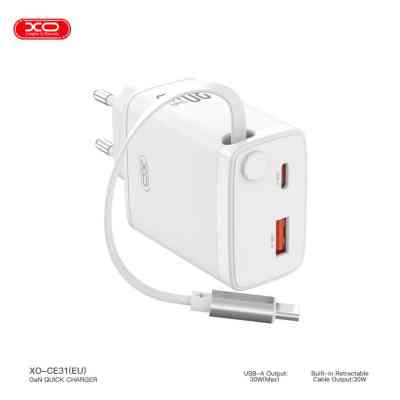 Зарядний пристрій XO 1xUSB-C + 1xUSB QC30W GaN + cable USB-C to USB-C white (XO-CE31) Вінниця