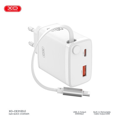 Зарядное устройство XO 1xUSB-C + 1xUSB QC30W GaN + cable USB-C to USB-C white (XO-CE31) Винница - изображение 4