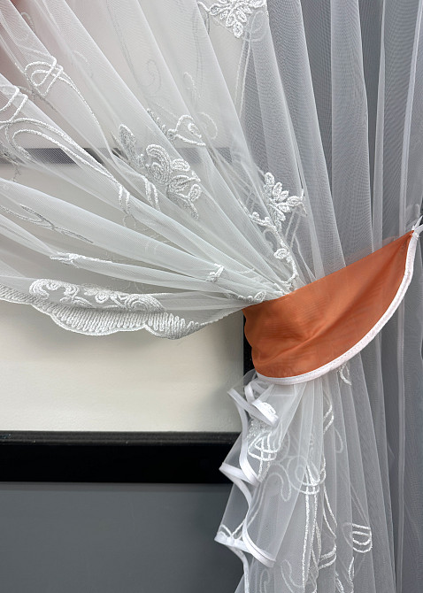 Кухонные шторки VR-Textil № 101к с подвязками коралловый с белым 330х170 см (52-1191) Киев - изображение 5