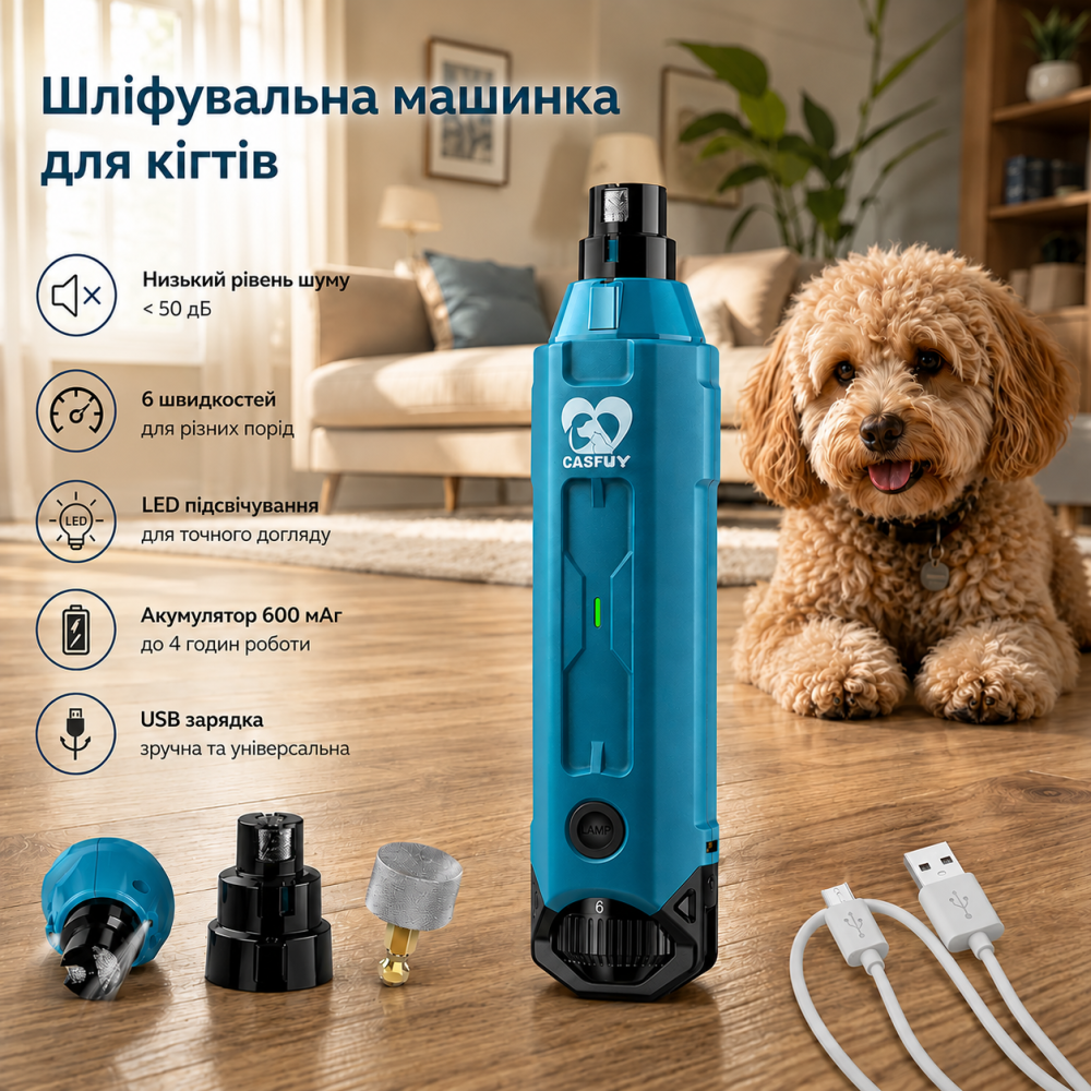 Машинка для шлифовки когтей собак Casfuy 6 скоростей, LED подсветка, USB, аккумуляторная, для маленьких, средних и больших собак Киев - изображение 8