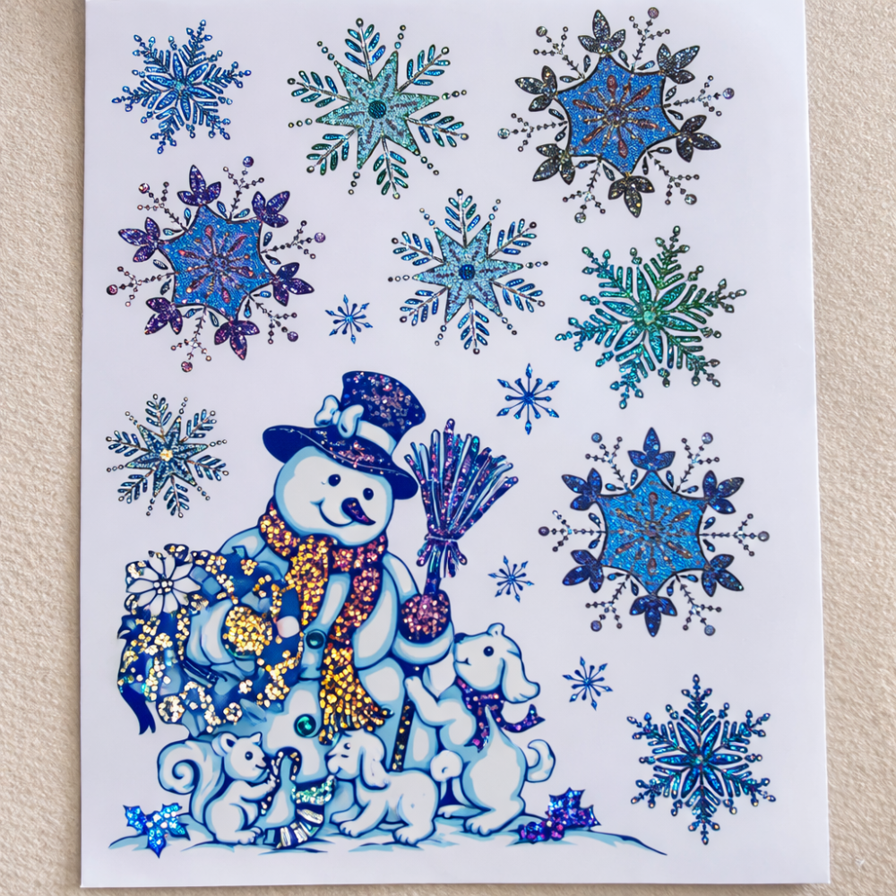 Новорічна наклейка на вікно Сніговик і сніжинки 29 на 22 см блакитний Київ - фото 3
