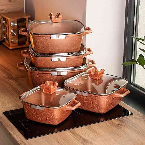 MGC Набір з 5 алюмінієвих квадратних каструль з товстим дном MGC + лопатка, ополоник, рукавички Київ