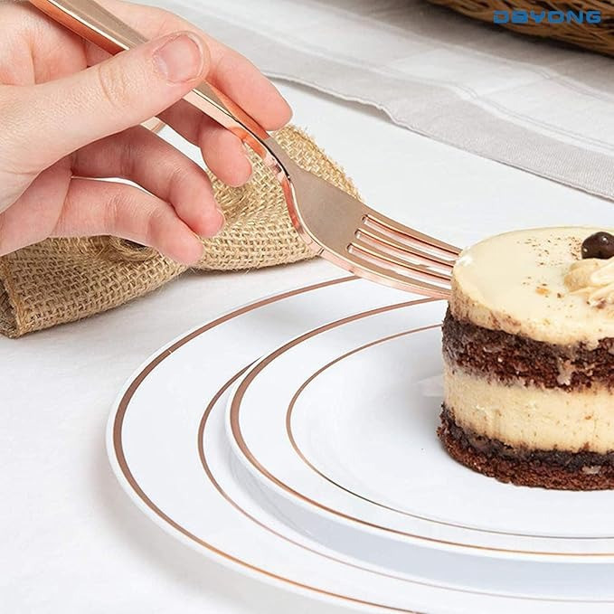 Набір тарілок пластикових 12 шт, десертні 19 см і обідні 26 см, круглі, білі рожево-золотистий візерунок Кам'янець-Подільський - фото 7