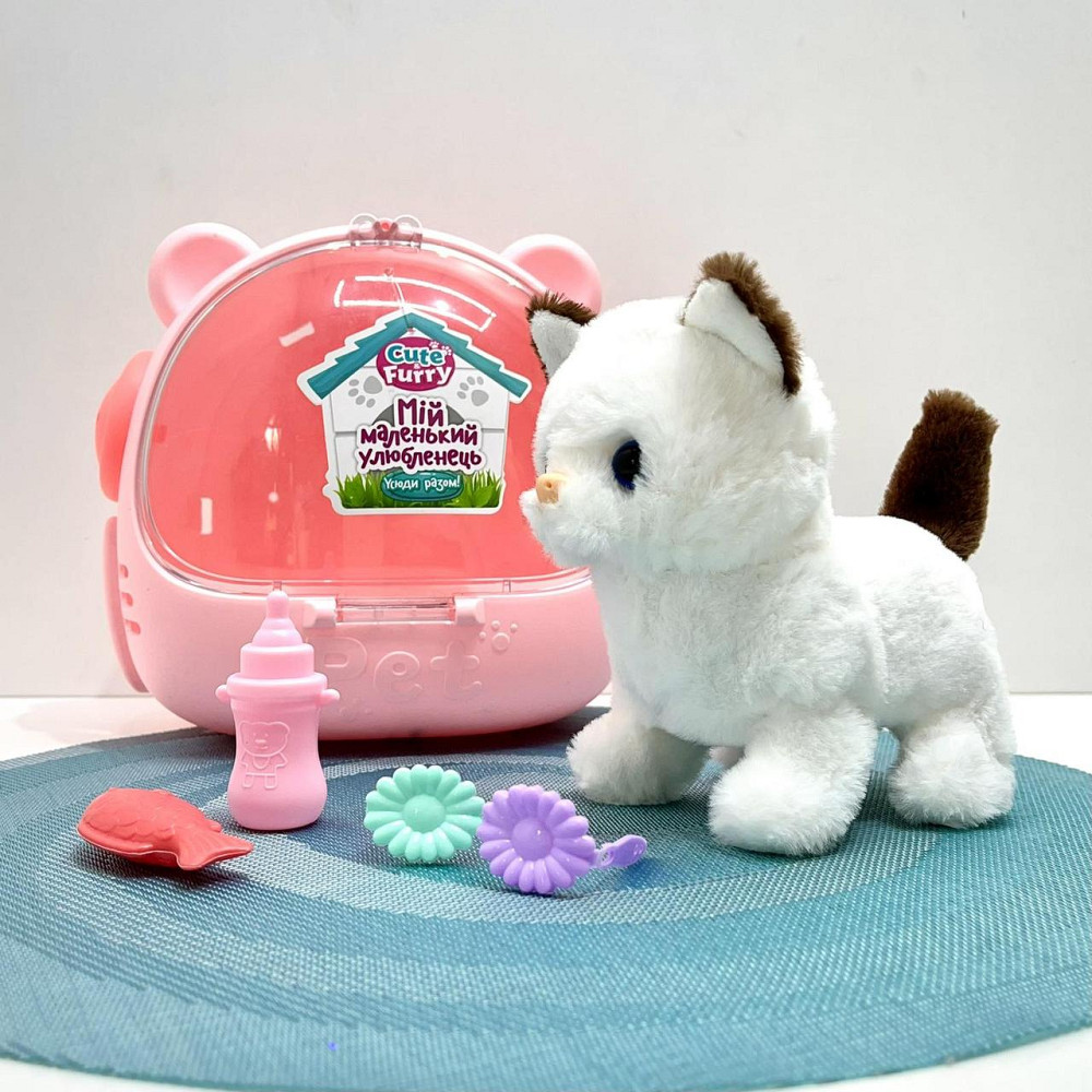 Кошеня інтерактивне ходить ворушить хвостиком у переносці Білий з коричневим (688-123A) Чернігів - фото 1