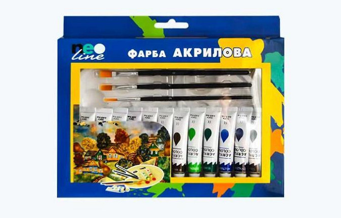 Фарба акрилова "Neo line" 12кол 12мл РАС-1812 у тюбиках + 4пензлика пласт. палітра, шт Київ - фото 1