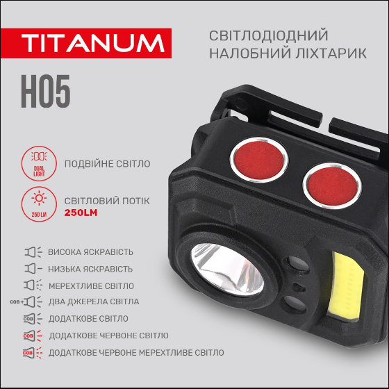 Ліхтарик LED налобний 250Lm 6500К чорний TLF-H05 Titanum Житомир - фото 3