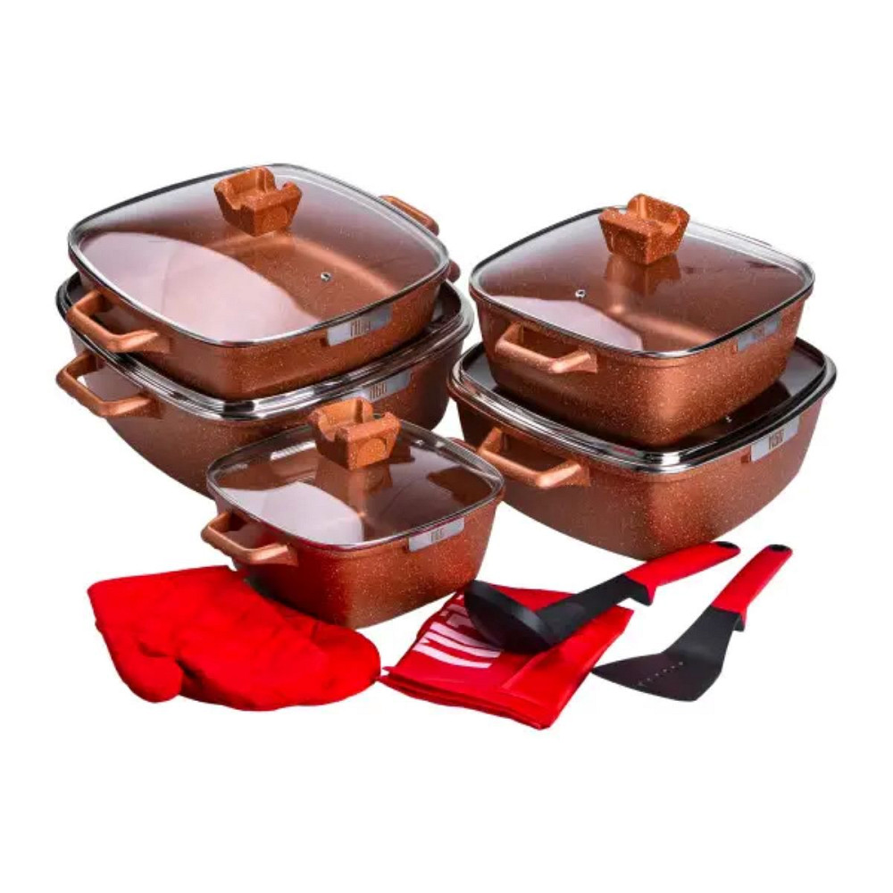 MGC Набір з 5 алюмінієвих квадратних каструль з товстим дном MGC + лопатка, ополоник, рукавички Коломыя - изображение 1