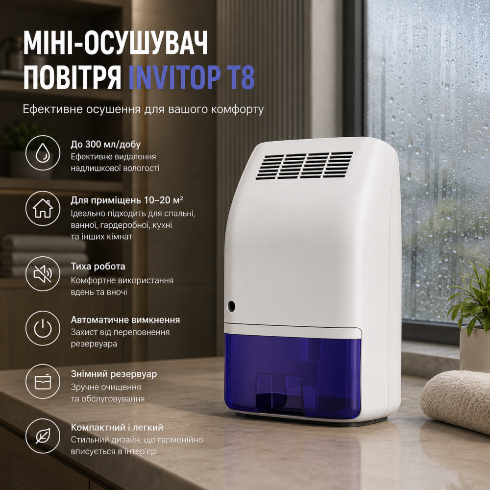 Міні-осушувач повітря Invitop T8, осушення до 300 мл/добу, тихий, автоматичне вимкнення, для приміщень 10–20 м² Київ - фото 7