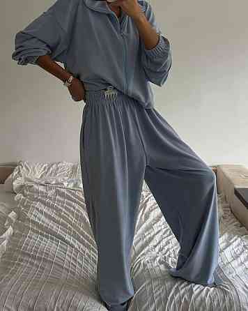 Женский теплый оверсайз костюм двойка: кофта и штаны турецкий полар флис Голубой Одесса