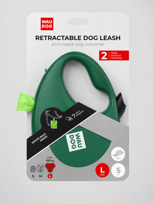 Повідець-рулетка для собак WAUDOG R-leash з контейнером для пакетів, світловідбивна стрічка, L, до 40 кг, 5 м, зелений Київ - фото 9