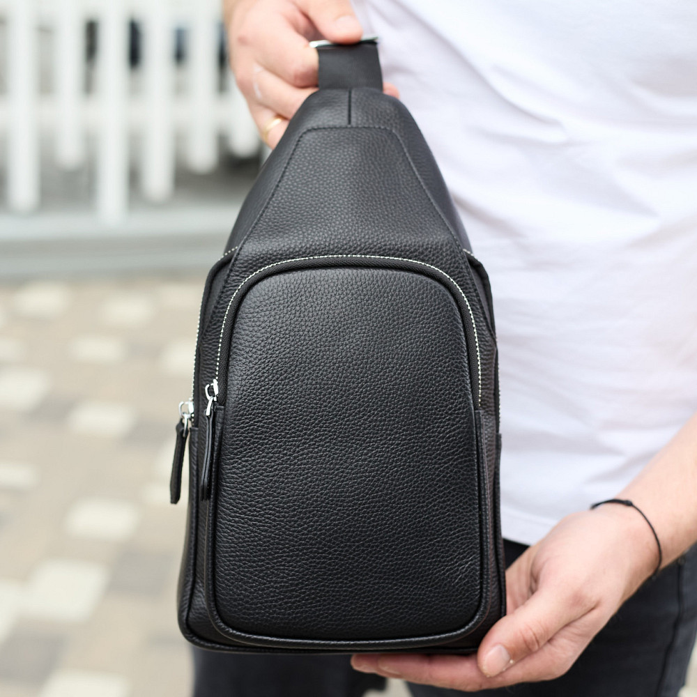 Чоловіча сумка з натуральної шкіри 18х31х7, бананка через плече Tiding Bag 34091 чорна Київ - фото 10