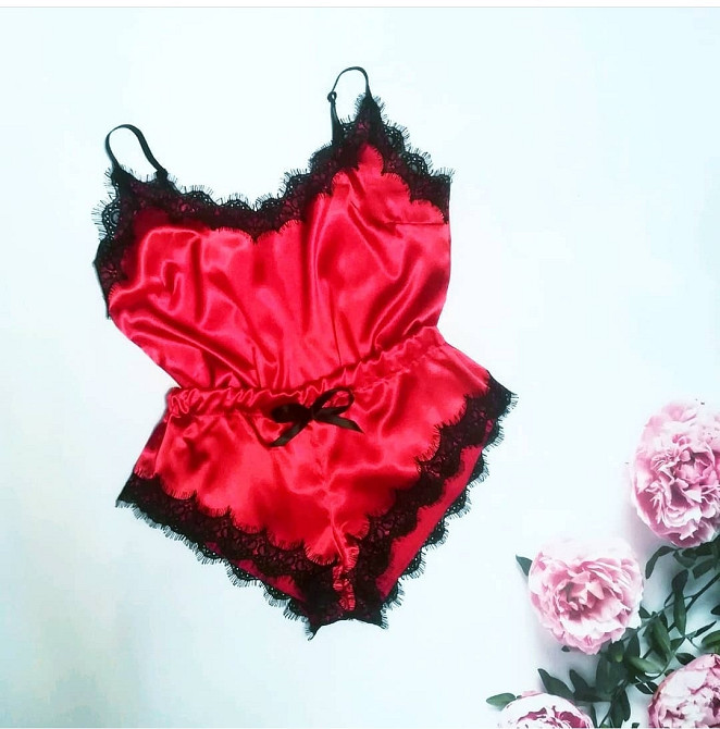 Пижама женская атласная Красный с кружевом Красный XL Харьков - изображение 1