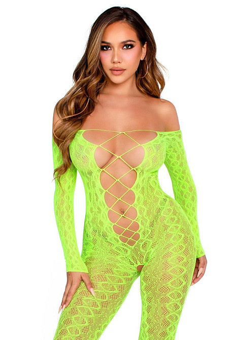 Бодістокінг Leg Avenue Crotchless Footless Lingerie Bodystocking One Size Neon Green Sex Aura Київ - фото 1