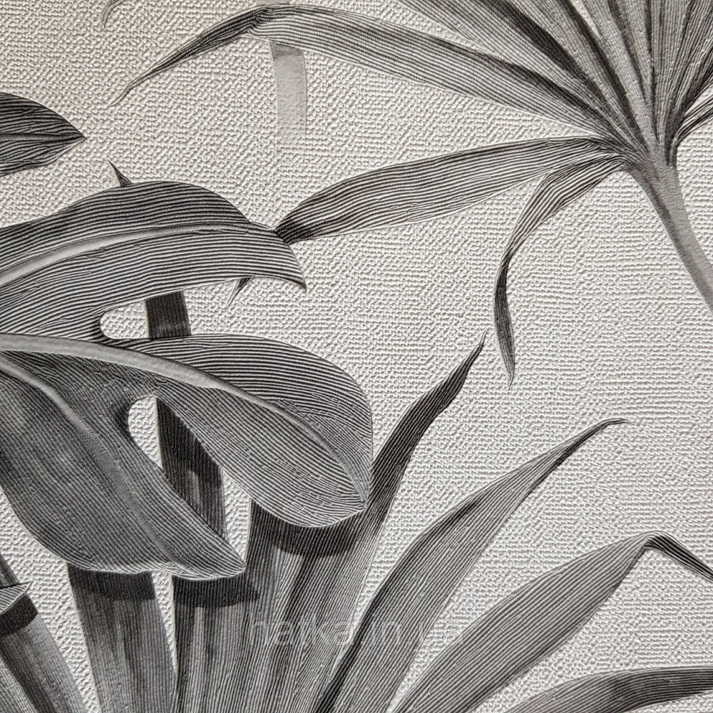 Шпалери вінілові на флізелін Marburg New Spirit Schoner Wohnen листя папороті монстери сірі на білому Київ - фото 3