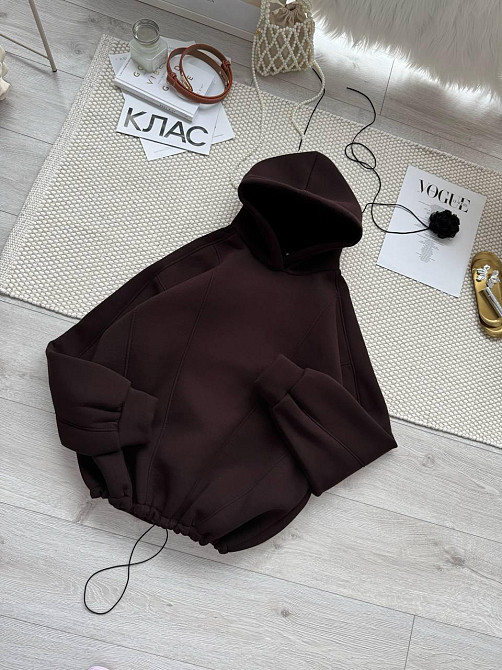 Женская стильная теплая худи с фиксаторами цельная турская трехнить на флисе Шоколад Одесса - изображение 1