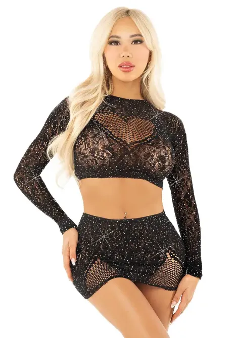 Комплект Leg Avenue Rhinestone Crop Top and Mini Skirt One Size, Black Львів - фото 1