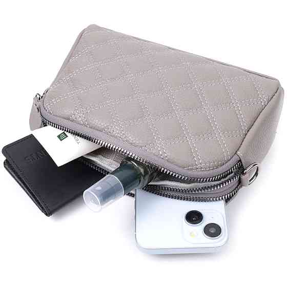 Зручна жіноча сумка прошита ромбами на лицьовій стороні з натуральної шкіри Vintage 22810 Сірий Київ