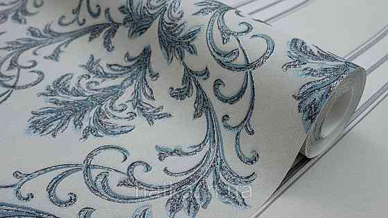 Шпалери метрові вінілові на флізеліні Sintra Classic класика вензелю завитки структурні блакитні срібло на сірому 445242 Київ