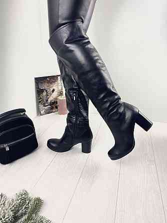 Ботфорти жіночі 14 чорні натуральна шкіра з хутром до кісточки висота 43 см каблук 8 см обхват Коломыя