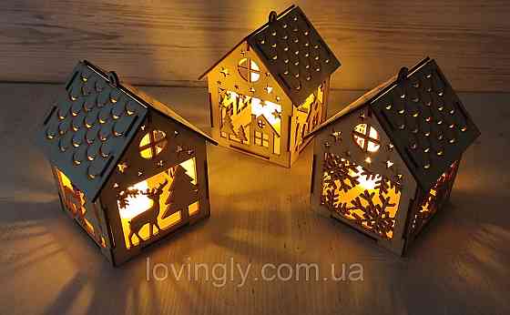 Набір підвісок з LED свічками, два дерев'яні будиночки 13 см. Ірпінь