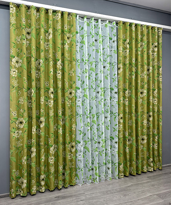 Комплект штор VR-Textil Лен Прованс 150х265 2шт и Тюль 400х265 1726ш-1809т Оливковый с белым 71-106/3 Киев - изображение 3